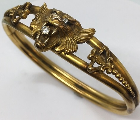 14K gold antique  bracelet in shape of lion. Nobel Antique Jewelry Santa Monica.
